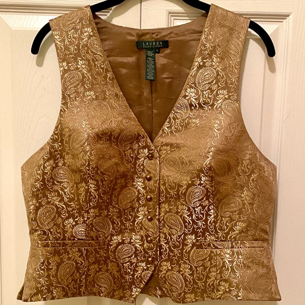 Ralph Lauren Women's Button-Front Golden Paisley Silk Jacquard Vest Waistcoat 12